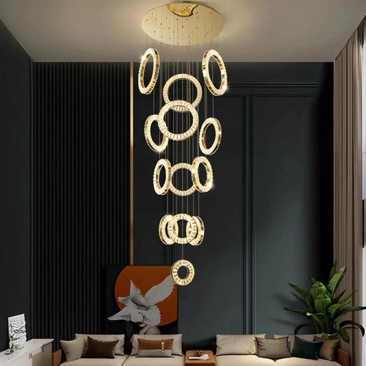 Modern Multi Gold Donuts Shape Crystal Chandelier Ring Round Light Fixture for Foyer Staircase