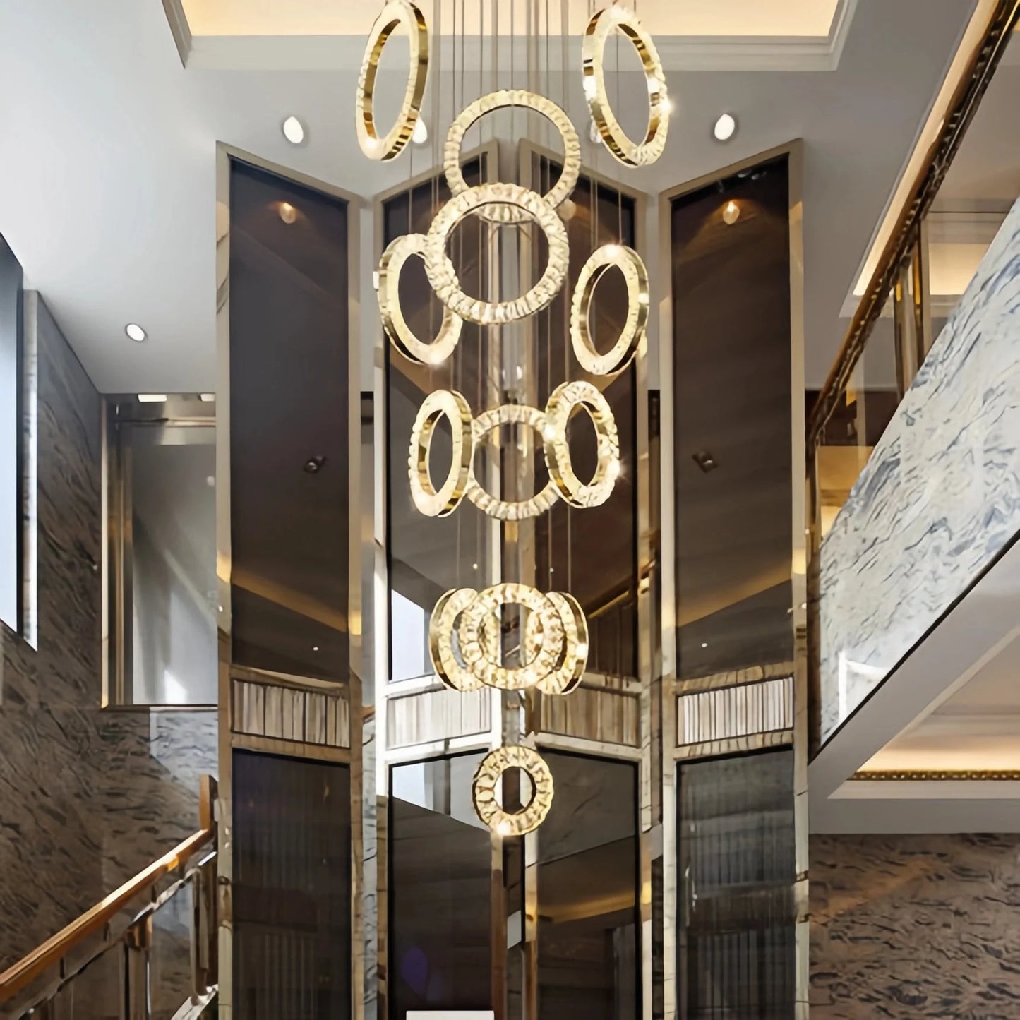 Modern Multi Gold Donuts Shape Crystal Chandelier Ring Round Light Fixture for Foyer Staircase