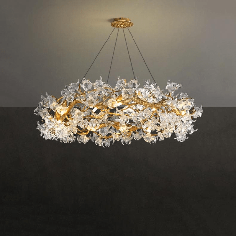 Modern Petal Crystal Round Brass Branch Chandelier
