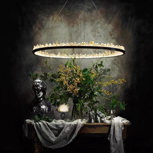 Modern Style Rings Brass & Natural Quartz Crystal Chandelier in Brass/Black Finish