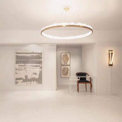 Modern Style Rings Brass & Natural Quartz Crystal Chandelier in Brass/Black Finish