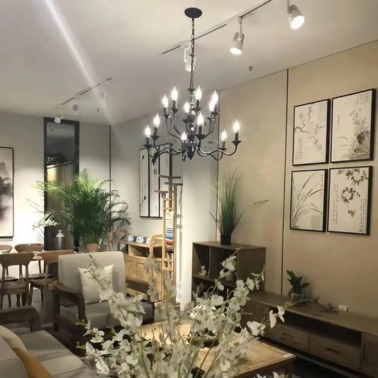 Multi Layer Iron Chandelier with Electronic Candles in Vintage Country Style for Living Room Cafe and Study