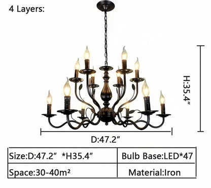 Multi Layer Iron Chandelier with Electronic Candles in Vintage Country Style for Living Room Cafe and Study