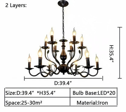 Multi Layer Iron Chandelier with Electronic Candles in Vintage Country Style for Living Room Cafe and Study