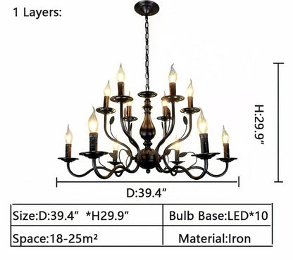 Multi Layer Iron Chandelier with Electronic Candles in Vintage Country Style for Living Room Cafe and Study