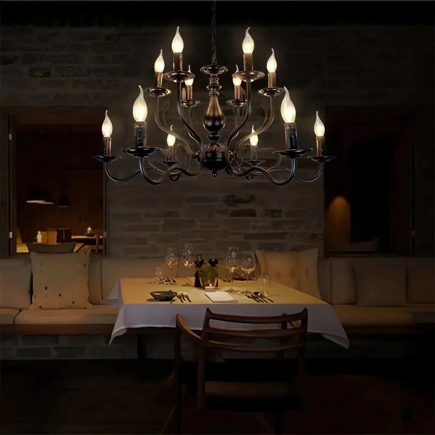 Multi Layer Iron Chandelier with Electronic Candles in Vintage Country Style for Living Room Cafe and Study