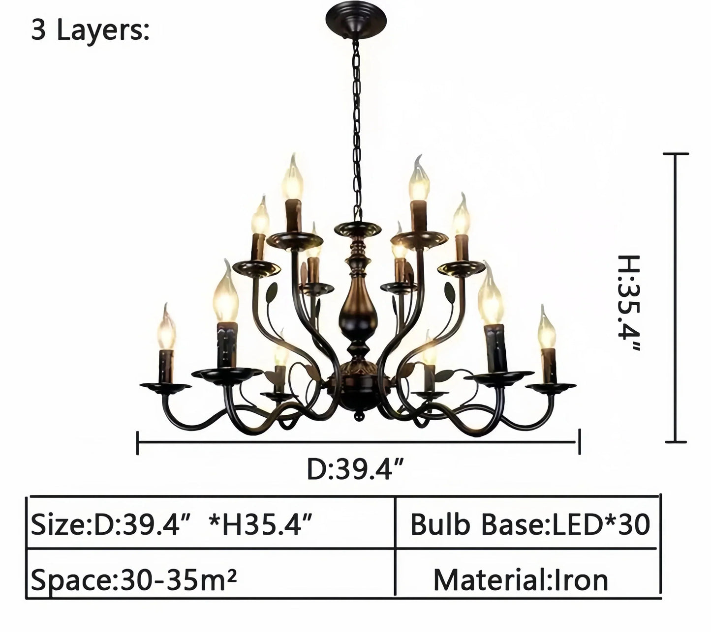 Multi Layer Iron Chandelier with Electronic Candles in Vintage Country Style for Living Room Cafe and Study