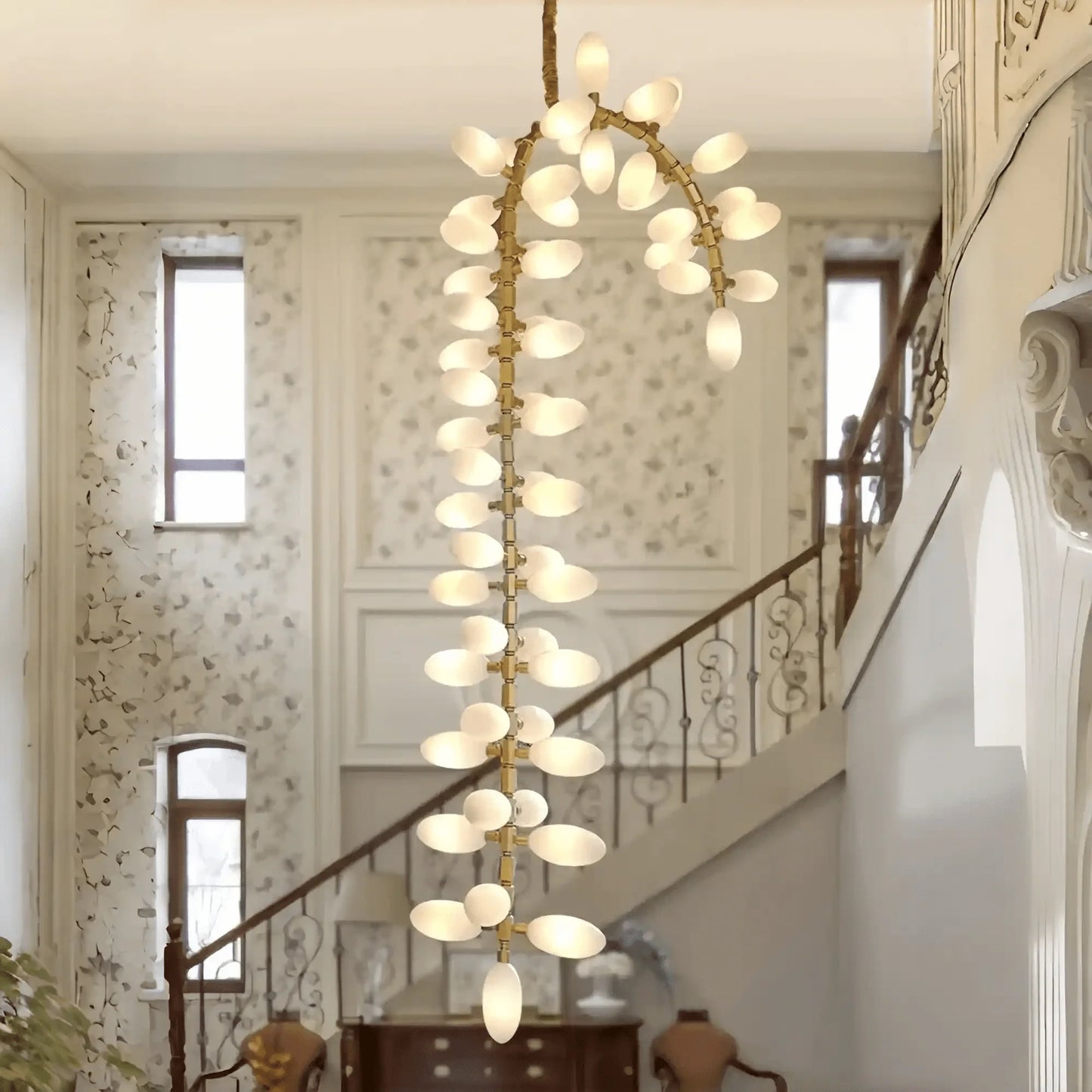 Nordic Art Long Magnolia alba Glass Ceiling Chandelier for Staircase/Hallway/Entryway Light Fixture