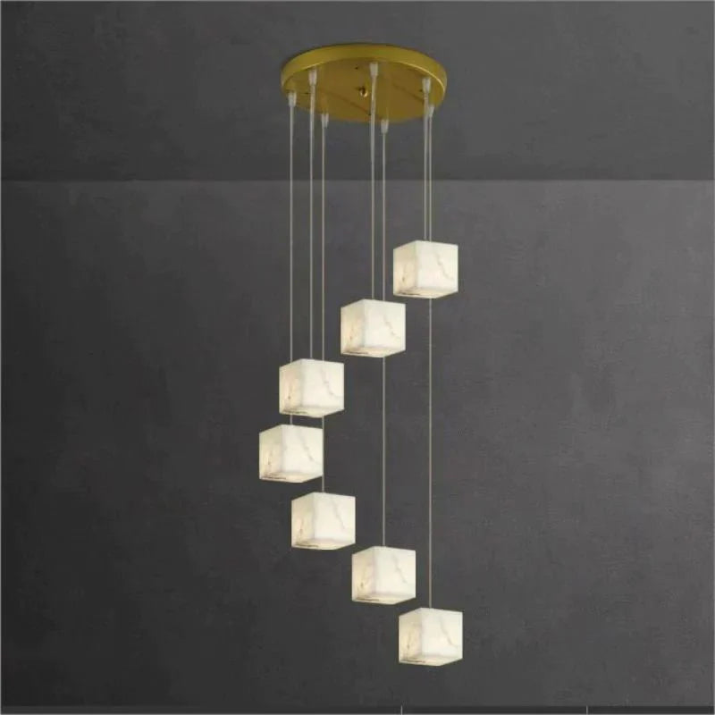 Olive Alabaster Cubic Round Pendant For Dining Table, Staircase
