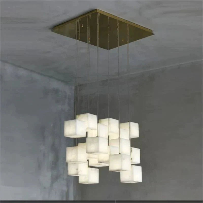 Olive Alabaster Cubic Round Pendant For Dining Table, Staircase