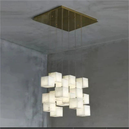 Olive Alabaster Cubic Round Pendant For Dining Table, Staircase