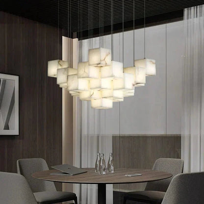 Olive Alabaster Cubic Round Pendant For Dining Table, Staircase