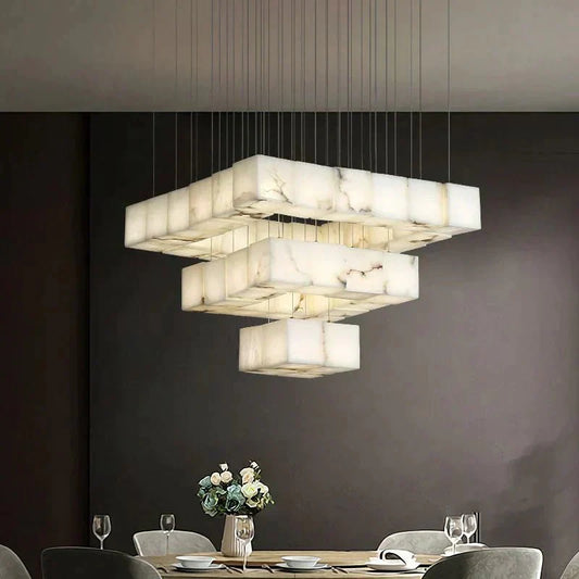 Olive Alabaster Cubic Round Pendant For Dining Table, Staircase
