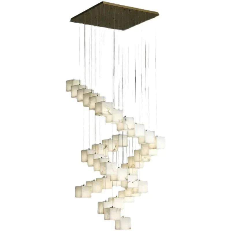 Olive Alabaster Cubic Round Pendant For Dining Table, Staircase