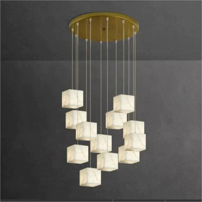 Olive Alabaster Cubic Round Pendant For Dining Table, Staircase