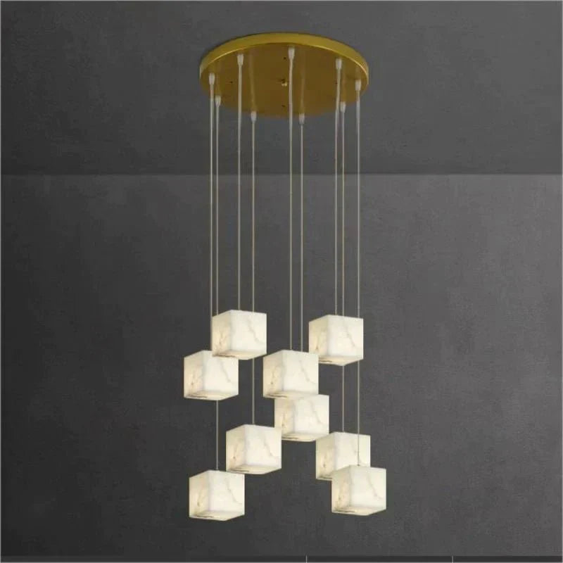 Olive Alabaster Cubic Round Pendant For Dining Table, Staircase