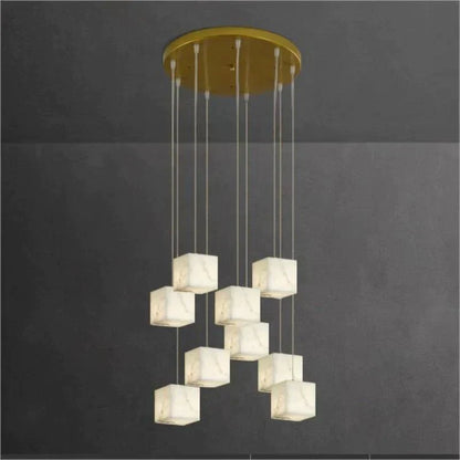 Olive Alabaster Cubic Round Pendant For Dining Table, Staircase