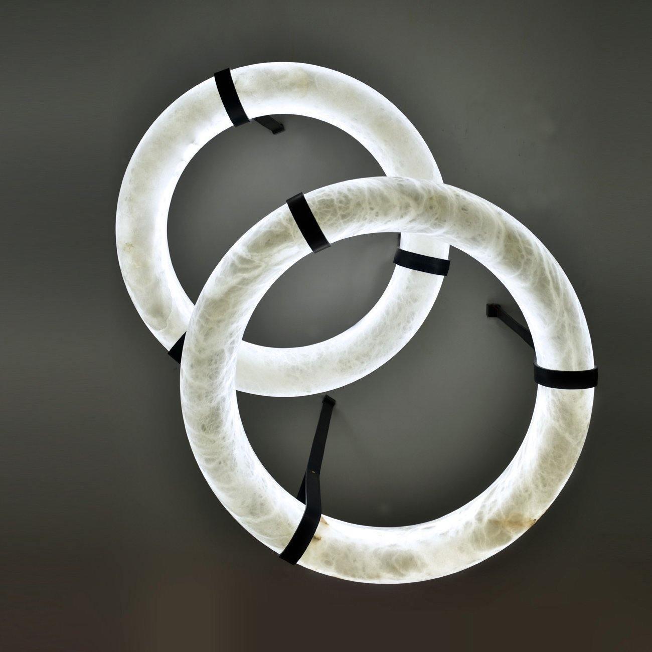 Oslo Pendant Alabaster Chandelier, Halo Ring Chandelier With Leather