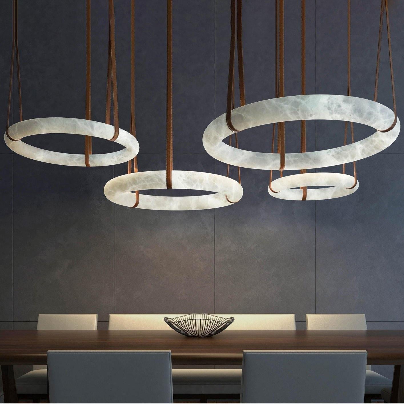 Oslo Pendant Alabaster Chandelier, Halo Ring Chandelier With Leather