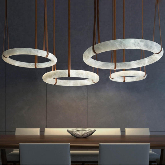 Oslo Pendant Alabaster Chandelier, Halo Ring Chandelier With Leather