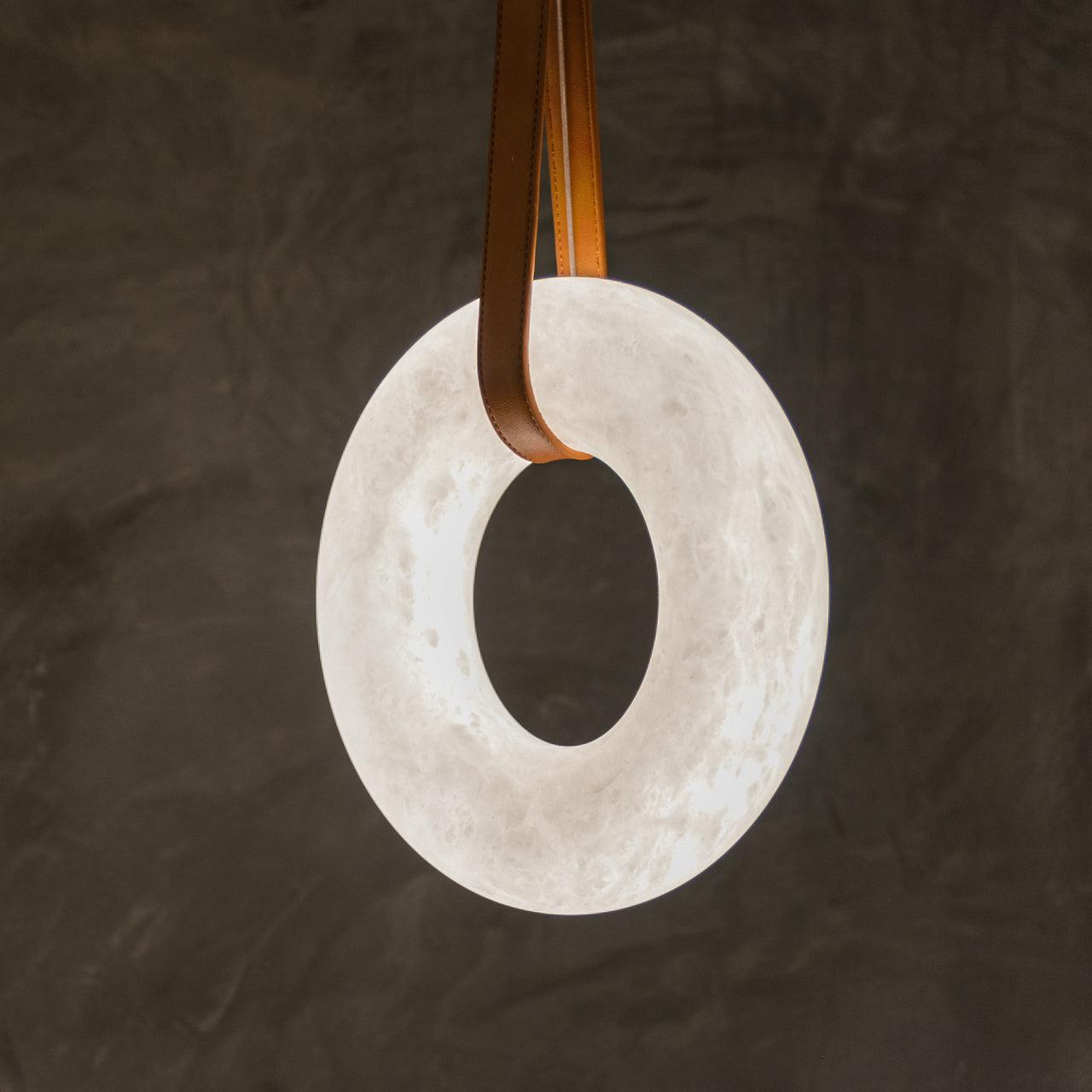 Oslo Pendant Alabaster Chandelier, Halo Ring Chandelier With Leather
