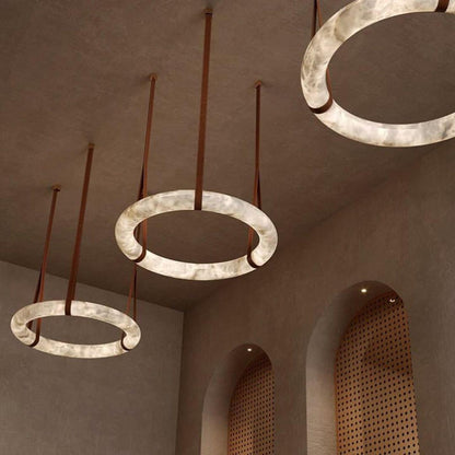 Oslo Pendant Alabaster Chandelier, Halo Ring Chandelier With Leather