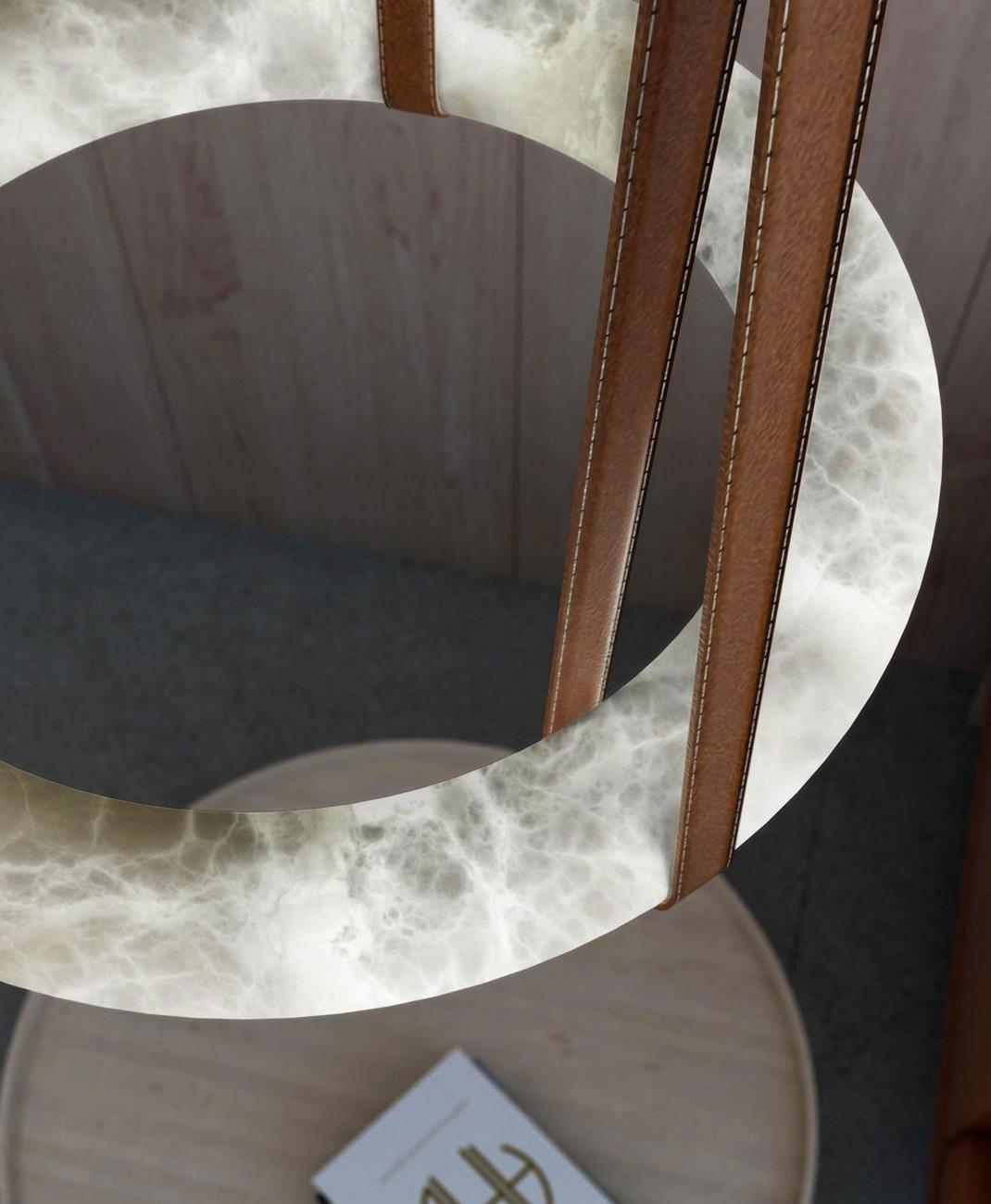 Oslo Pendant Alabaster Chandelier, Halo Ring Chandelier With Leather