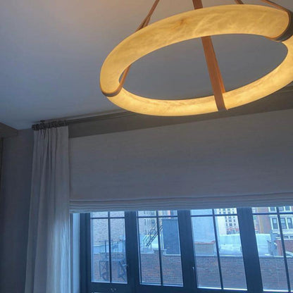 Oslo Pendant Alabaster Chandelier, Halo Ring Chandelier With Leather