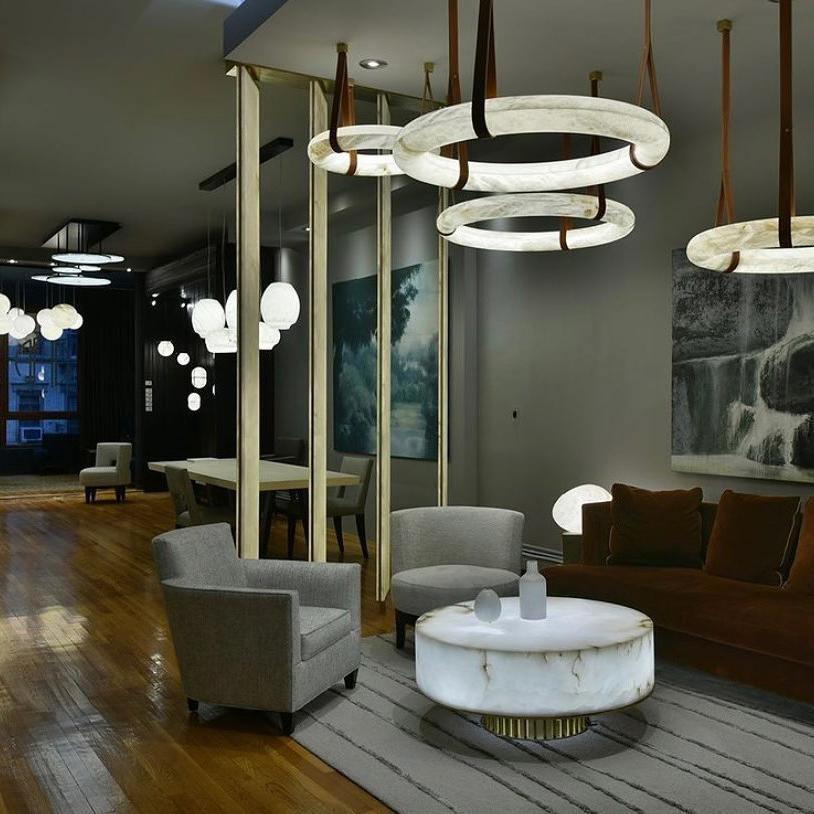 Oslo Pendant Alabaster Chandelier, Halo Ring Chandelier With Leather
