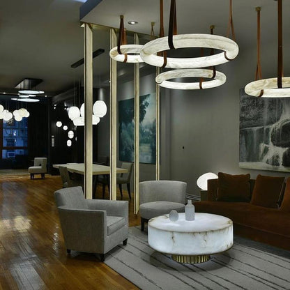 Oslo Pendant Alabaster Chandelier, Halo Ring Chandelier With Leather