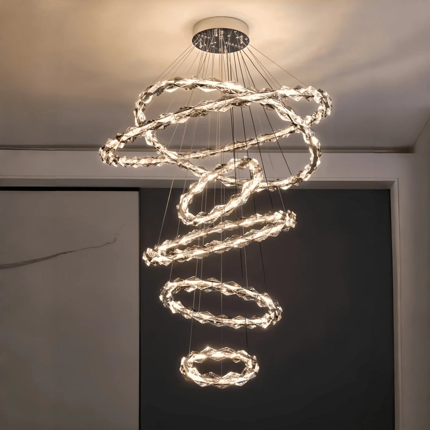 Oversized Multi-Tiered Rings Crystal Chandelier Modern Clear and Grey Crystal Ceiling Light Fixture For Staircase/Foyer/Hallway/Entryway