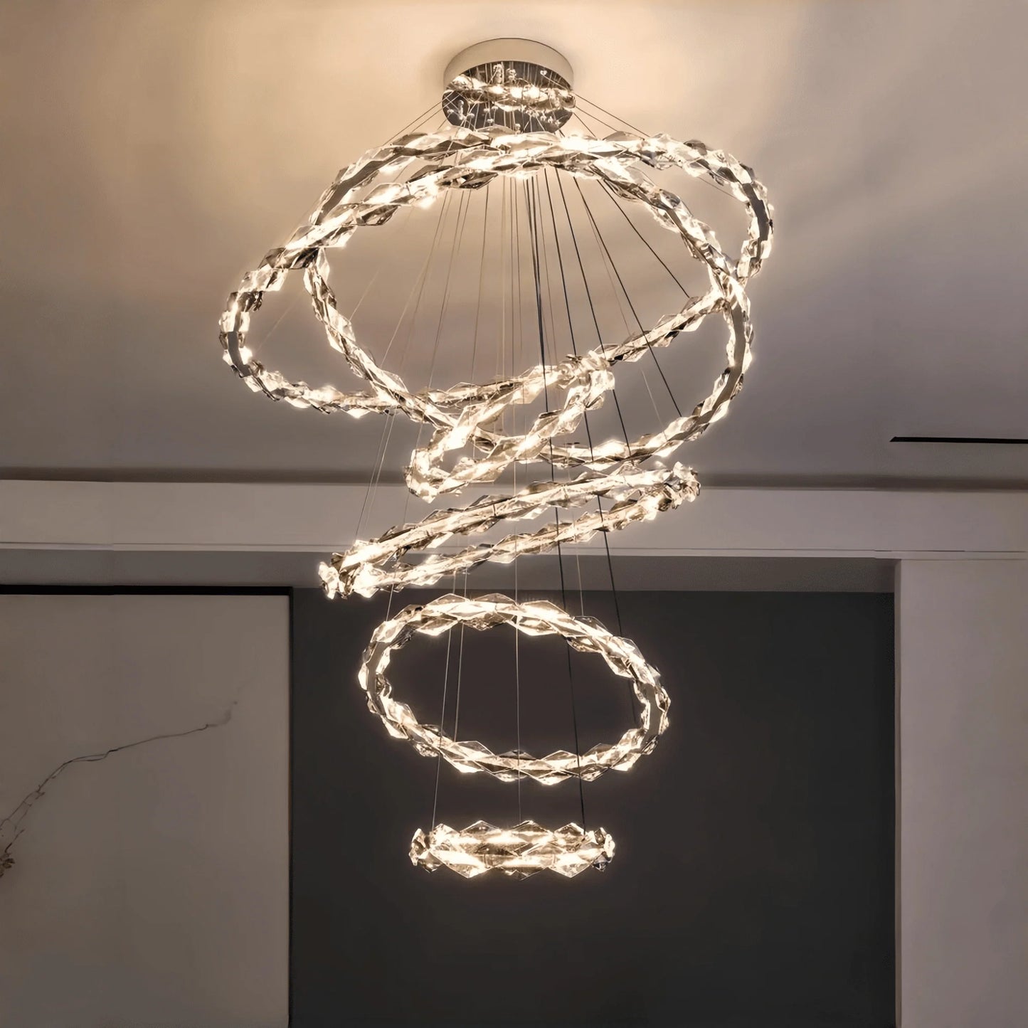 Oversized Multi-Tiered Rings Crystal Chandelier Modern Clear and Grey Crystal Ceiling Light Fixture For Staircase/Foyer/Hallway/Entryway