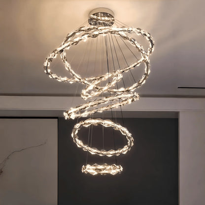 Oversized Multi-Tiered Rings Crystal Chandelier Modern Clear and Grey Crystal Ceiling Light Fixture For Staircase/Foyer/Hallway/Entryway