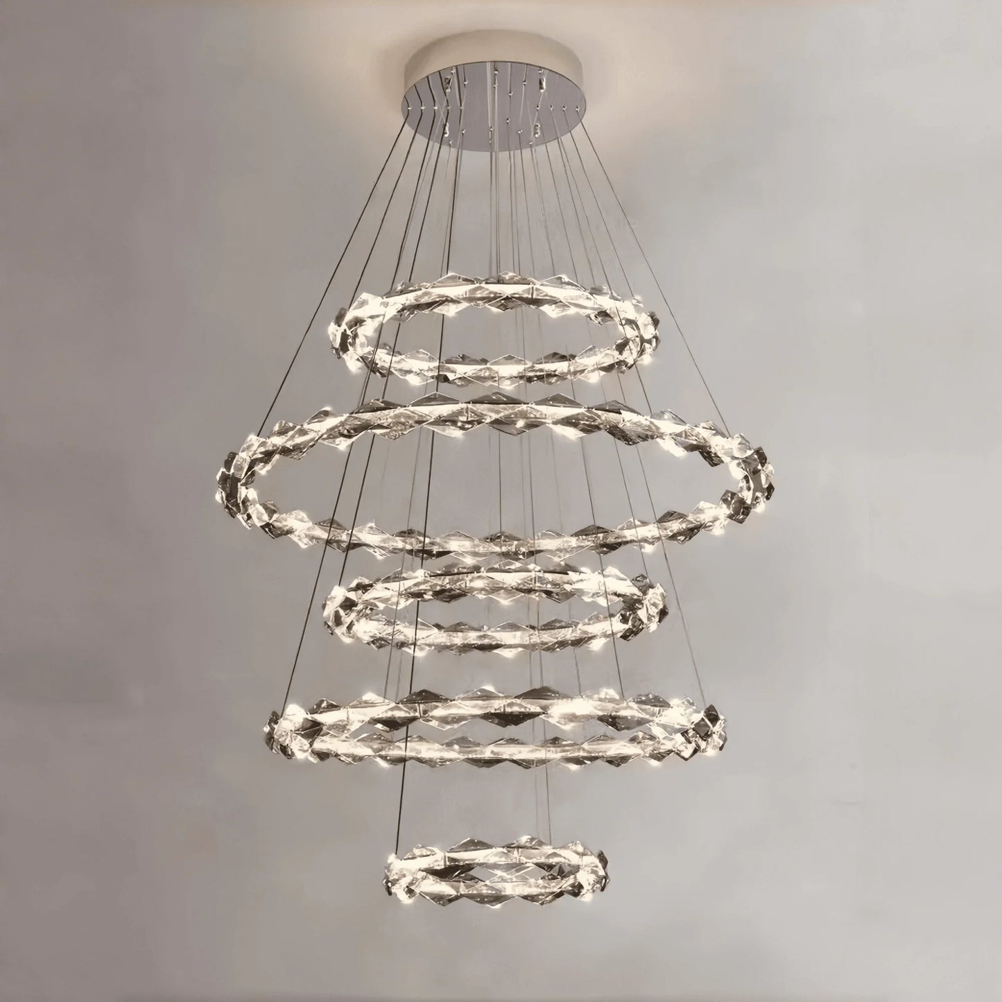 Oversized Multi-Tiered Rings Crystal Chandelier Modern Clear and Grey Crystal Ceiling Light Fixture For Staircase/Foyer/Hallway/Entryway