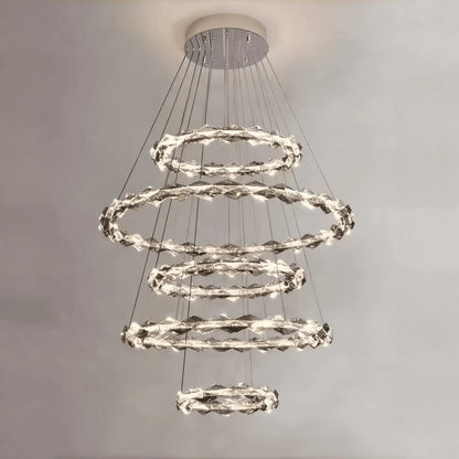 Oversized Multi-Tiered Rings Crystal Chandelier Modern Clear and Grey Crystal Ceiling Light Fixture For Staircase/Foyer/Hallway/Entryway