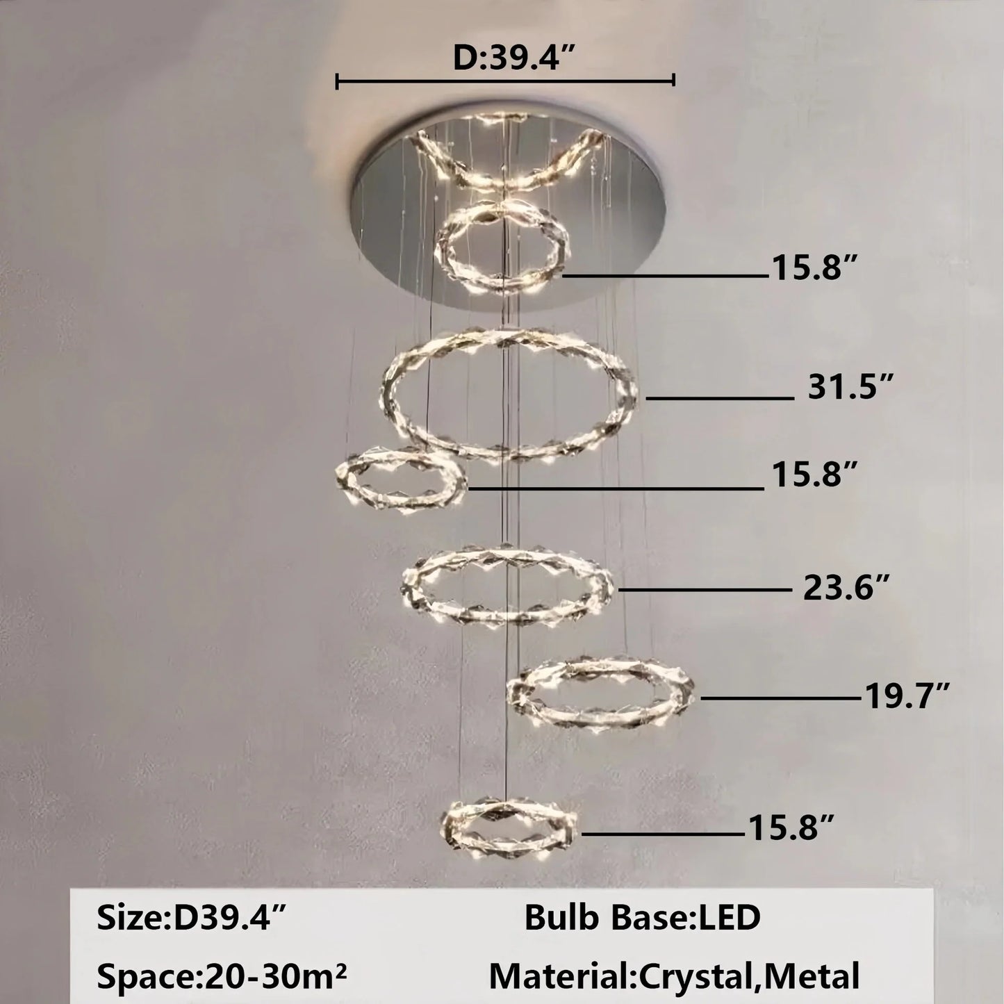 Oversized Multi-Tiered Rings Crystal Chandelier Modern Clear and Grey Crystal Ceiling Light Fixture For Staircase/Foyer/Hallway/Entryway