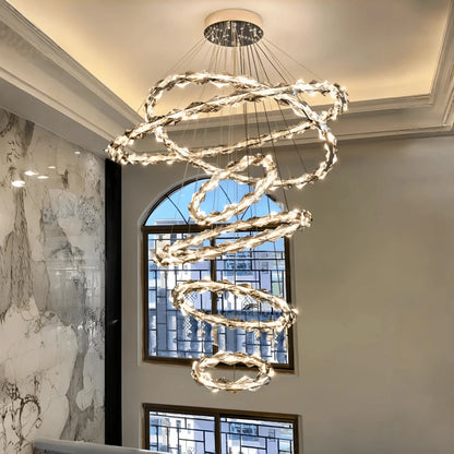 Oversized Multi-Tiered Rings Crystal Chandelier Modern Clear and Grey Crystal Ceiling Light Fixture For Staircase/Foyer/Hallway/Entryway