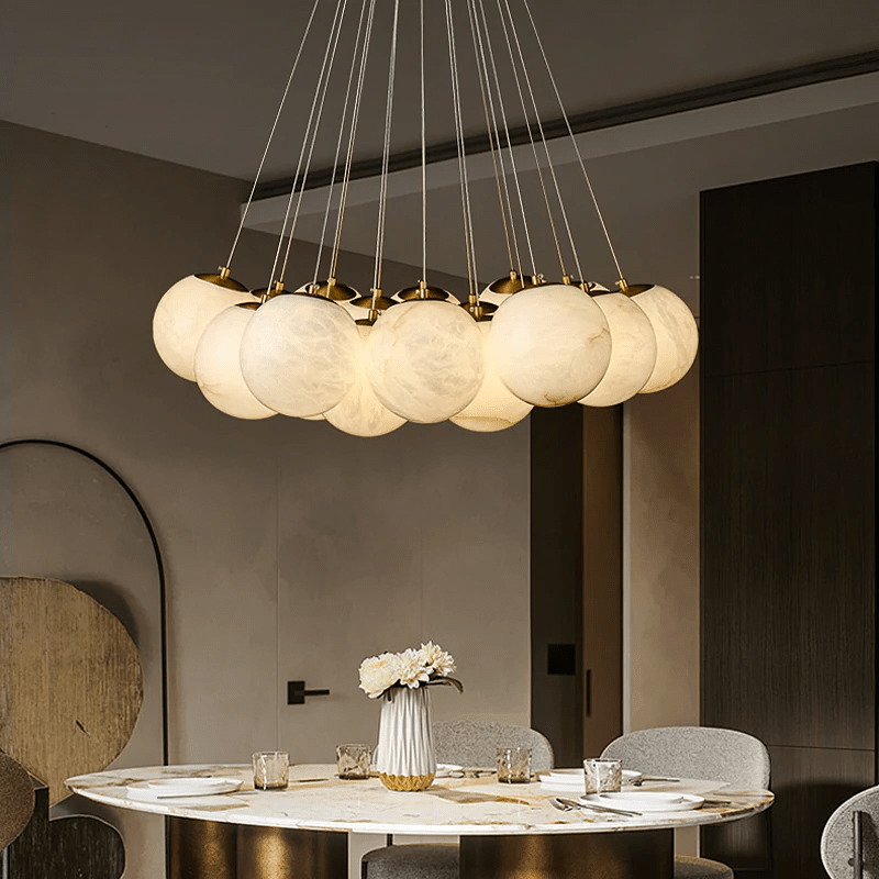 Post Modern Alabaster Globe Ceiling Pendant Light, Alabaster Chandelier Over Dining Table