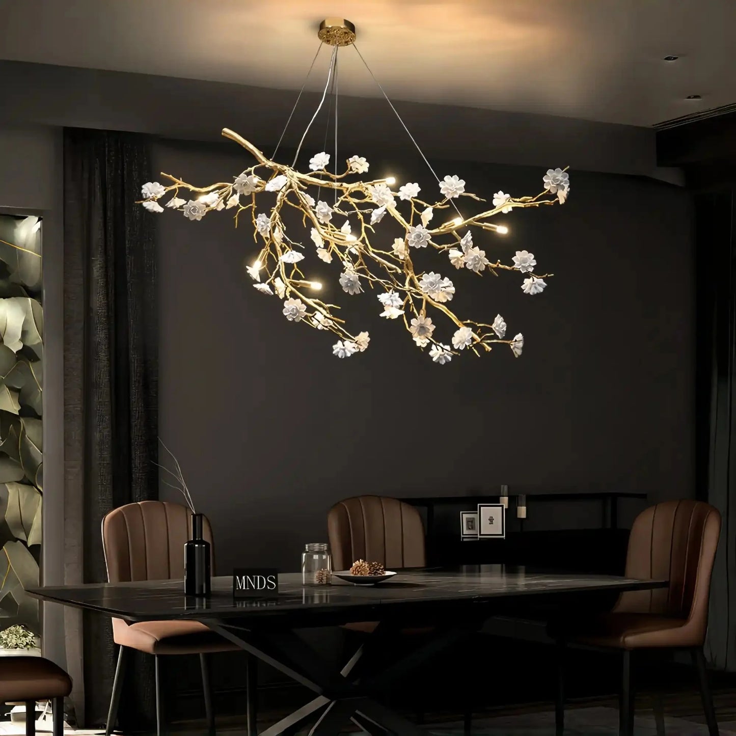 Post-Modern Art Brass and Ceramics Flower Pendant Branch Chandelier for Living/Dining Room