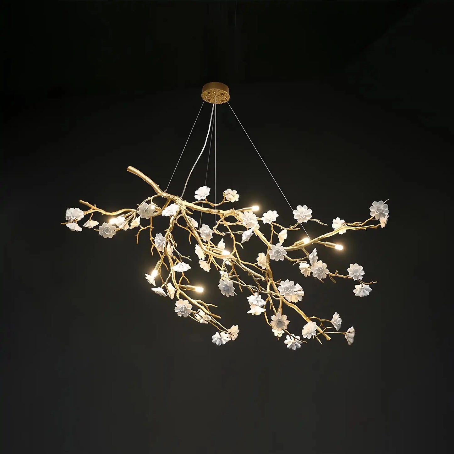 Post-Modern Art Brass and Ceramics Flower Pendant Branch Chandelier for Living/Dining Room