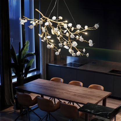 Post-Modern Art Brass and Ceramics Flower Pendant Branch Chandelier for Living/Dining Room