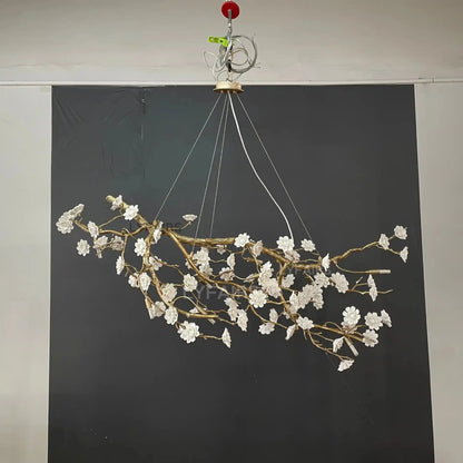 Post-Modern Art Brass and Ceramics Flower Pendant Branch Chandelier for Living/Dining Room