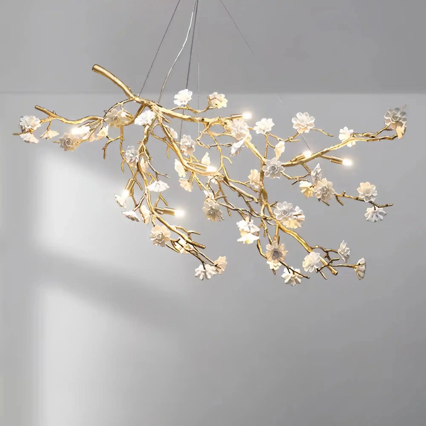 Post-Modern Art Brass and Ceramics Flower Pendant Branch Chandelier for Living/Dining Room