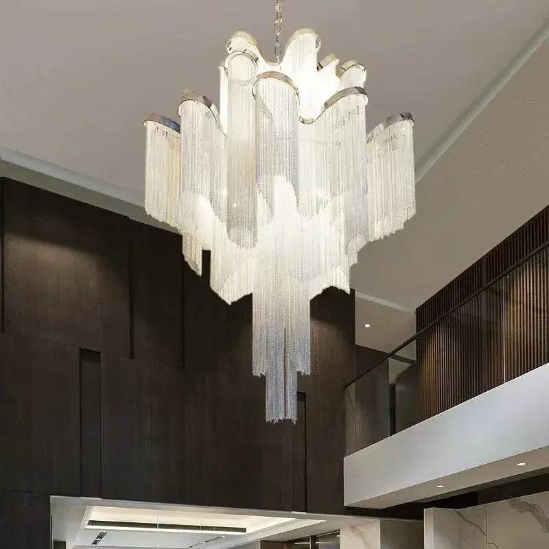Post-Modern Extra Large Stainless Steel Long Tassel Chandelier