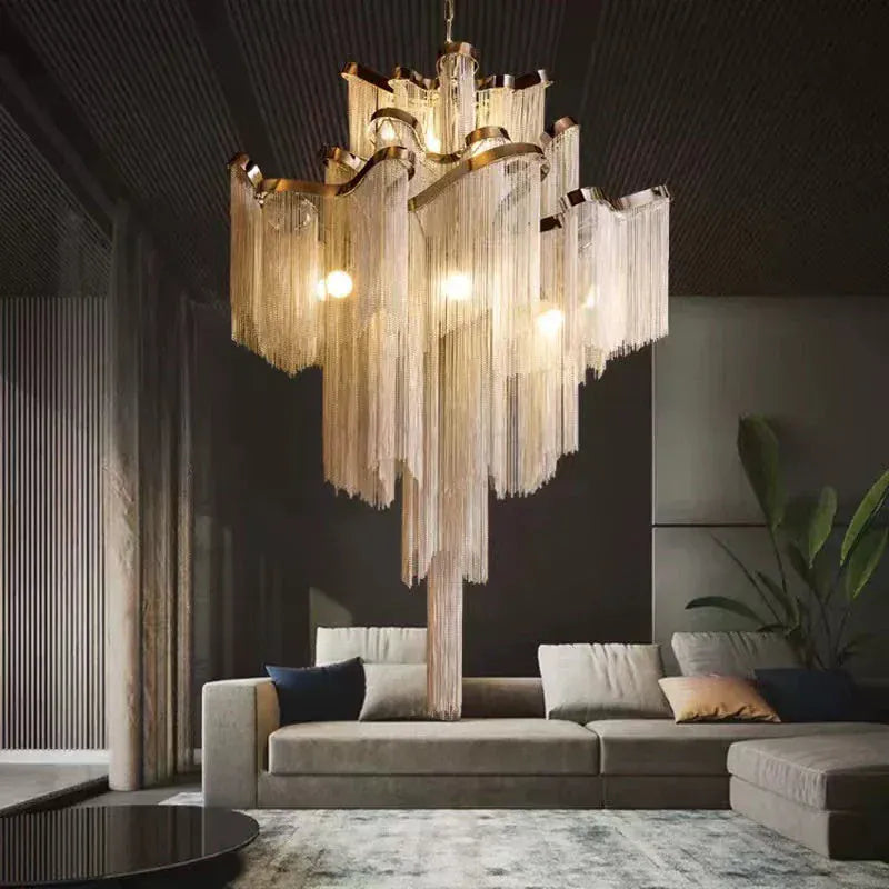 Post-Modern Extra Large Stainless Steel Long Tassel Chandelier