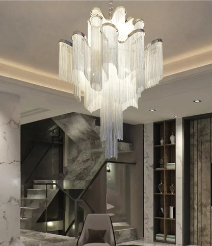 Post-Modern Extra Large Stainless Steel Long Tassel Chandelier