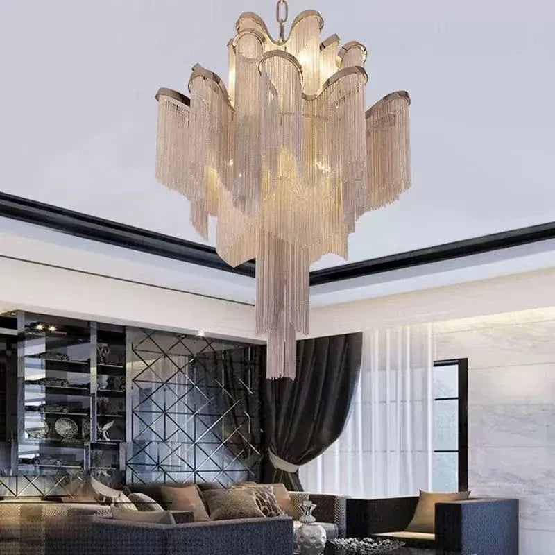 Post-Modern Extra Large Stainless Steel Long Tassel Chandelier