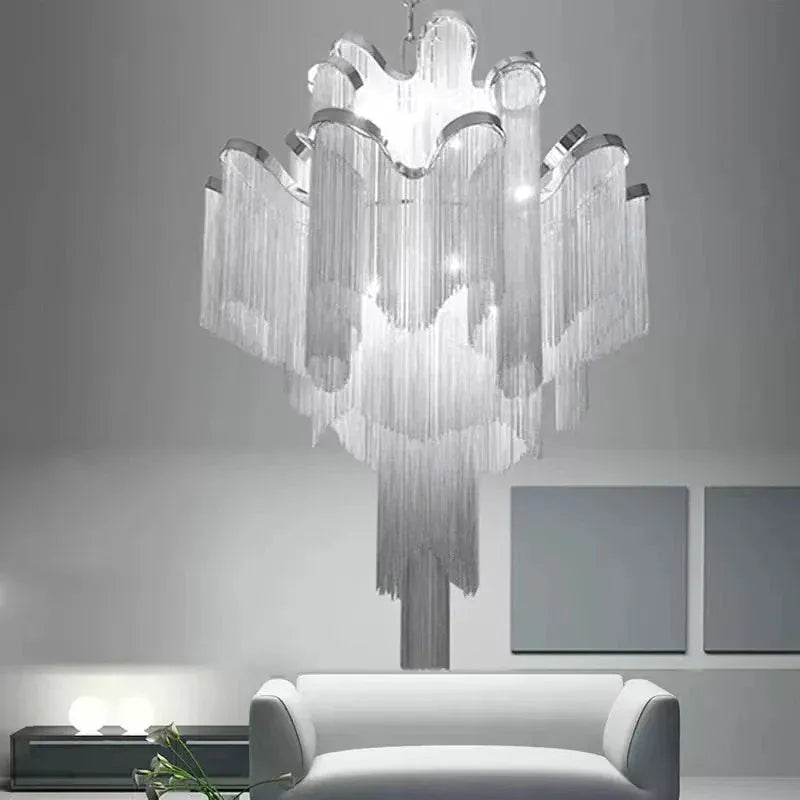 Post-Modern Extra Large Stainless Steel Long Tassel Chandelier