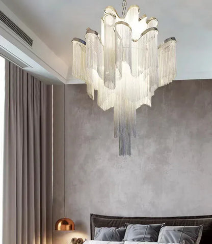 Post-Modern Extra Large Stainless Steel Long Tassel Chandelier