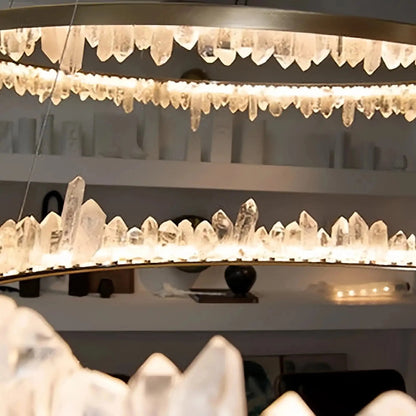 Round Modern Chandelier Brass & Clear Geode Quartz Crystal Hanging Light